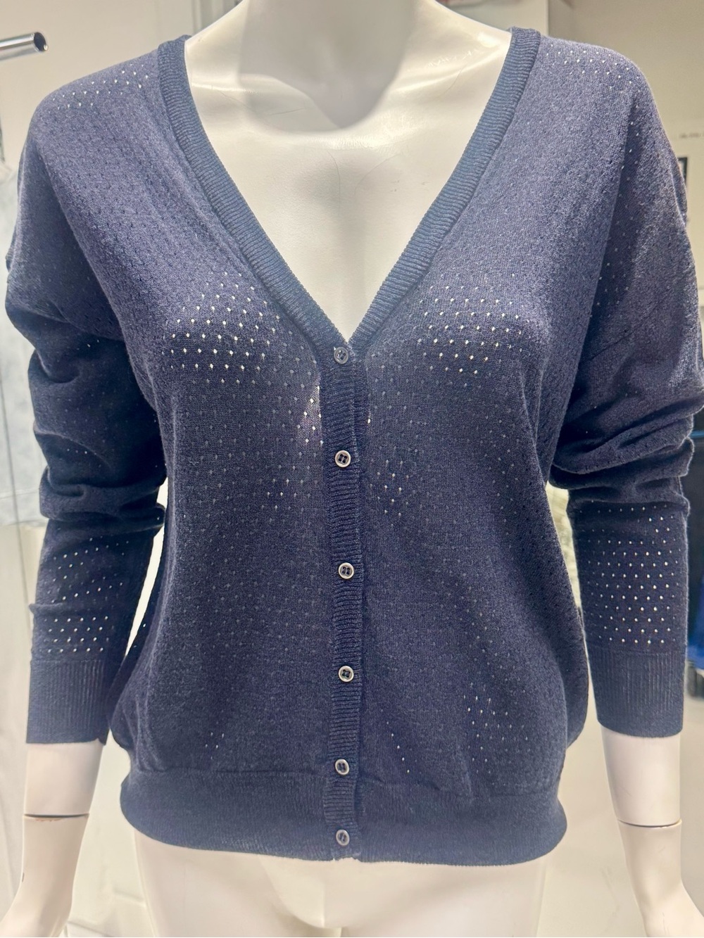 Navy Pointelle cardigan size small never been worn designed in New Zealand